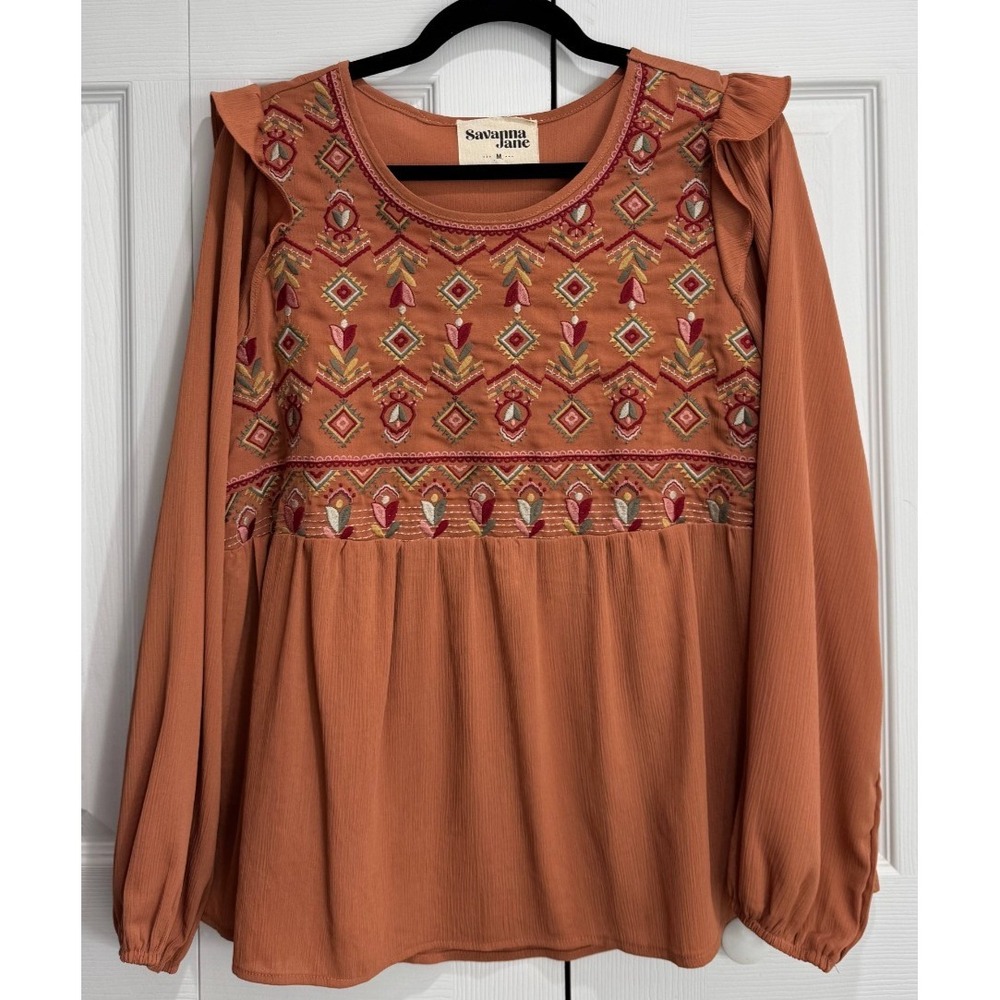 Savanna Jane Babydoll Embroidered Top Women Medium Orange Preppy 100% Polyester